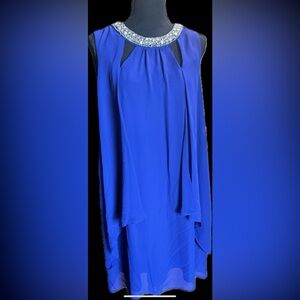 SLNY Elegant Blue Chiffon Dress with Embellished Neckline
